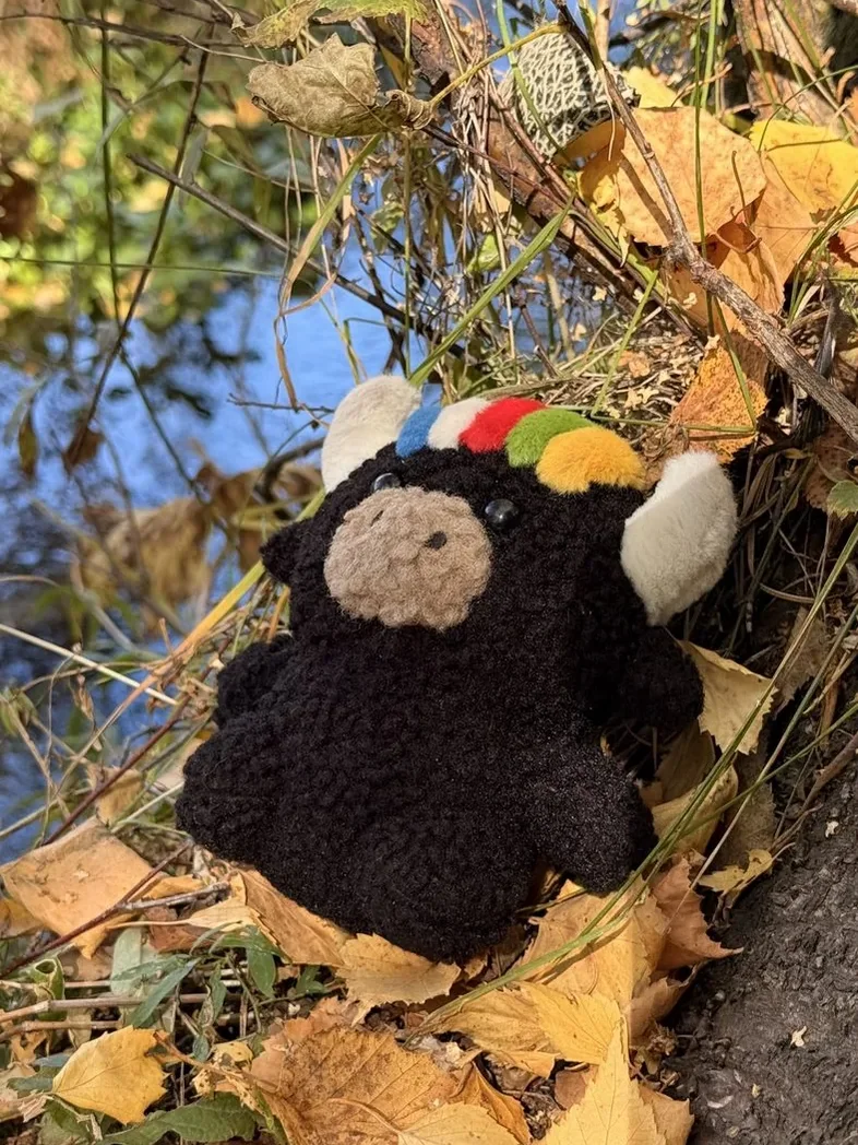 Tashi sitting among golden autumn leaves by a stream — 秋天落葉裡的扎西