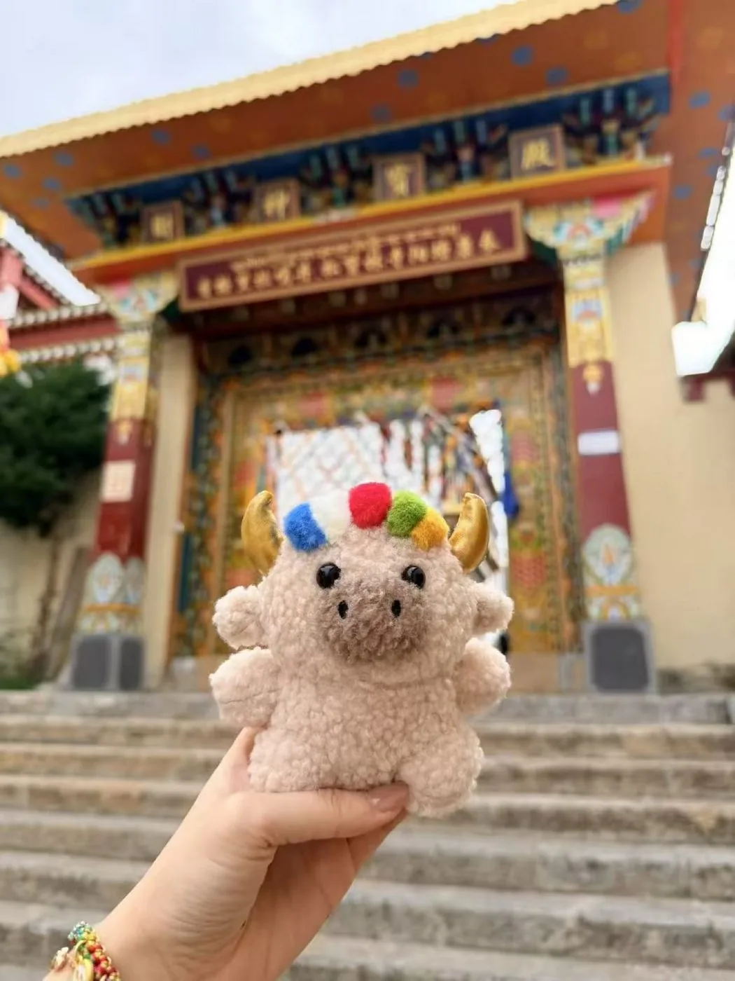 Dele held up for a photo at the gate of a Tibetan temple — 在寺廟門前打卡的德勒