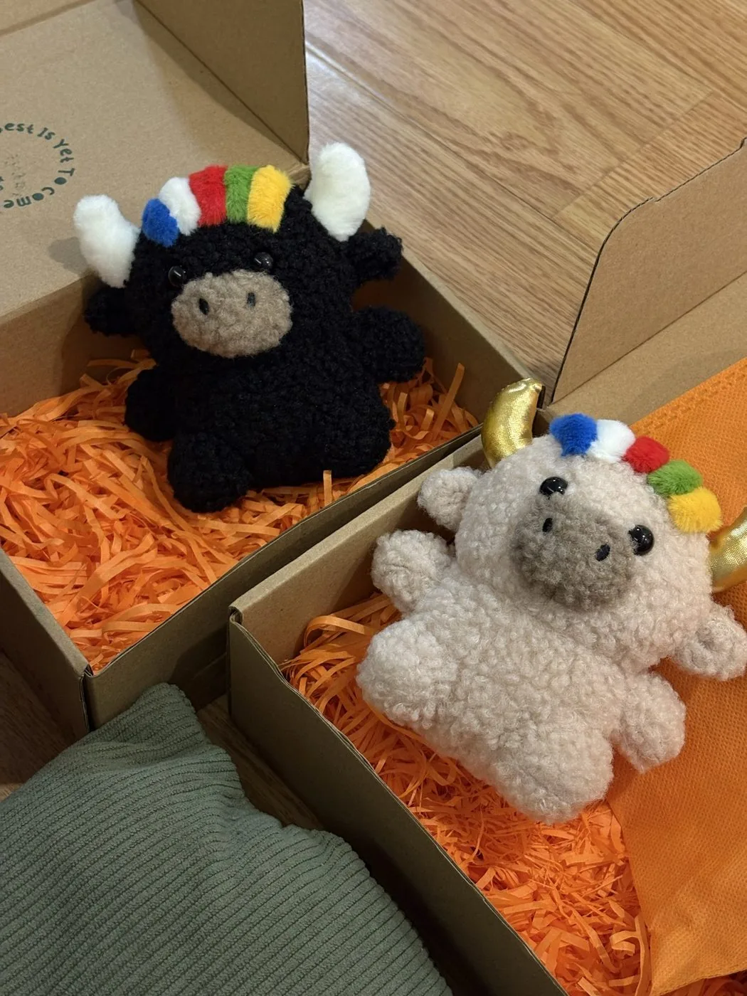 Tashi and Dele nestled in their gift boxes on orange shredded paper, ready to travel to a new home — 禮盒中的扎西與德勒
