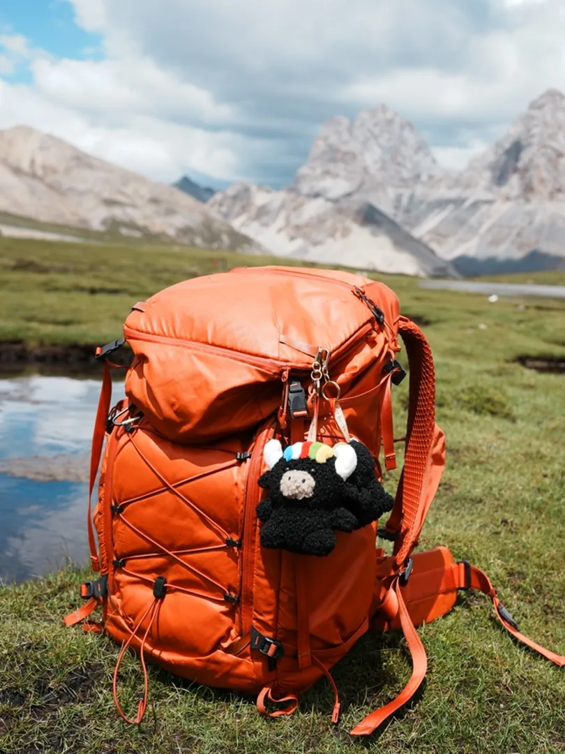 Tashi hanging on an orange backpack in a green meadow, rocky peaks behind — 草原橙色背包上的扎西，遠處是石山