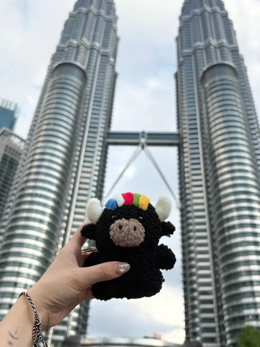 Tashi held up in front of the Petronas Twin Towers in Kuala Lumpur — 吉隆坡雙子塔前的扎西