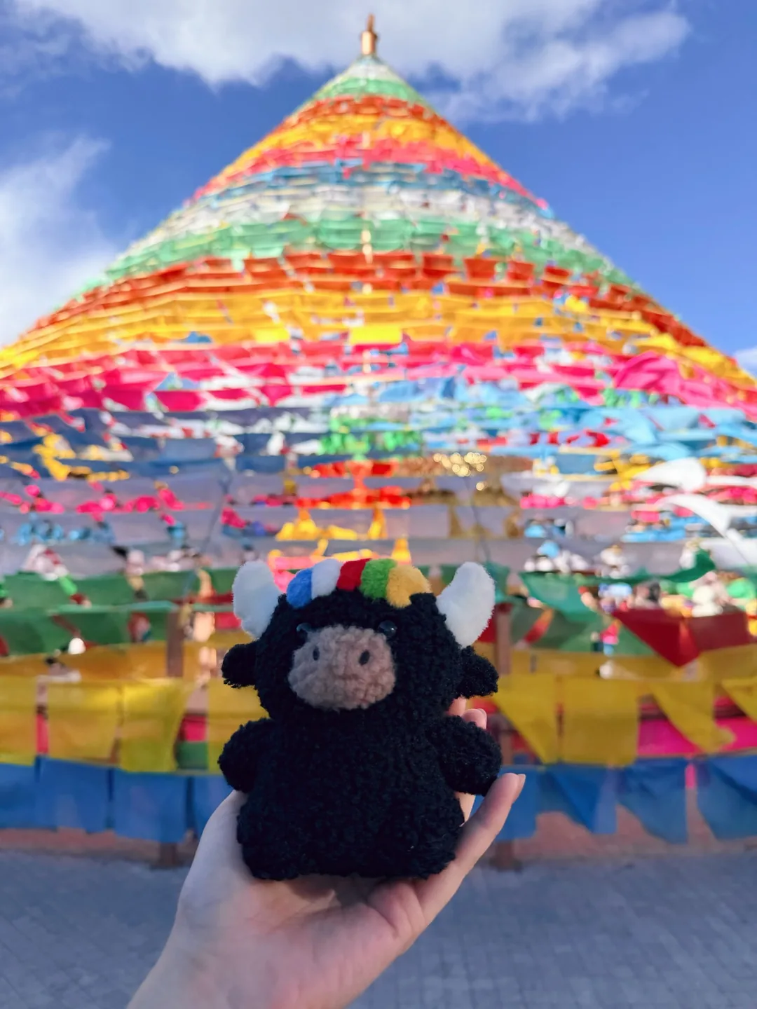 Tashi held up in front of a towering cone of colourful prayer flags — 經幡塔前的扎西